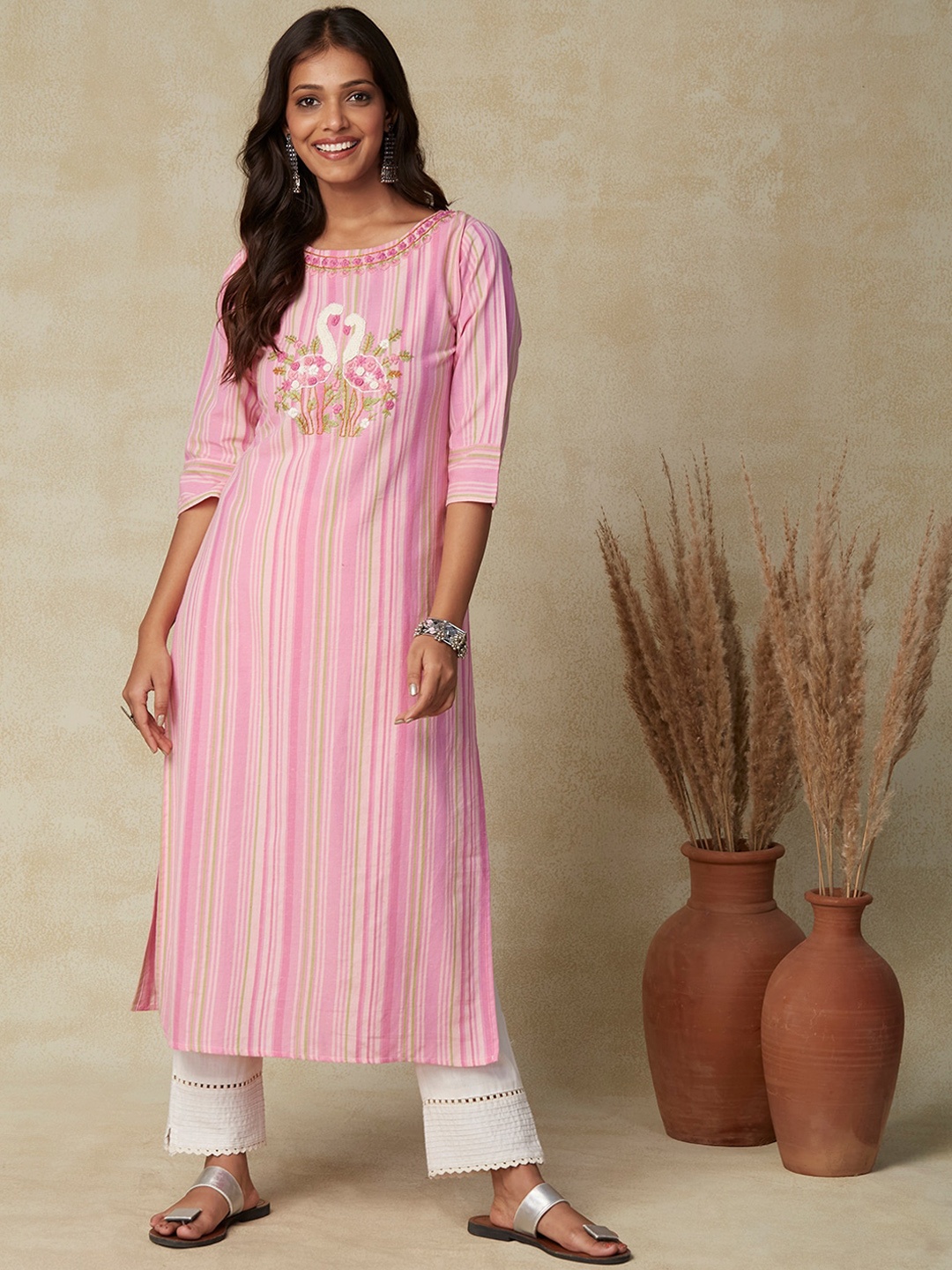 

FASHOR Pink Striped Round Neck Cotton Kurta