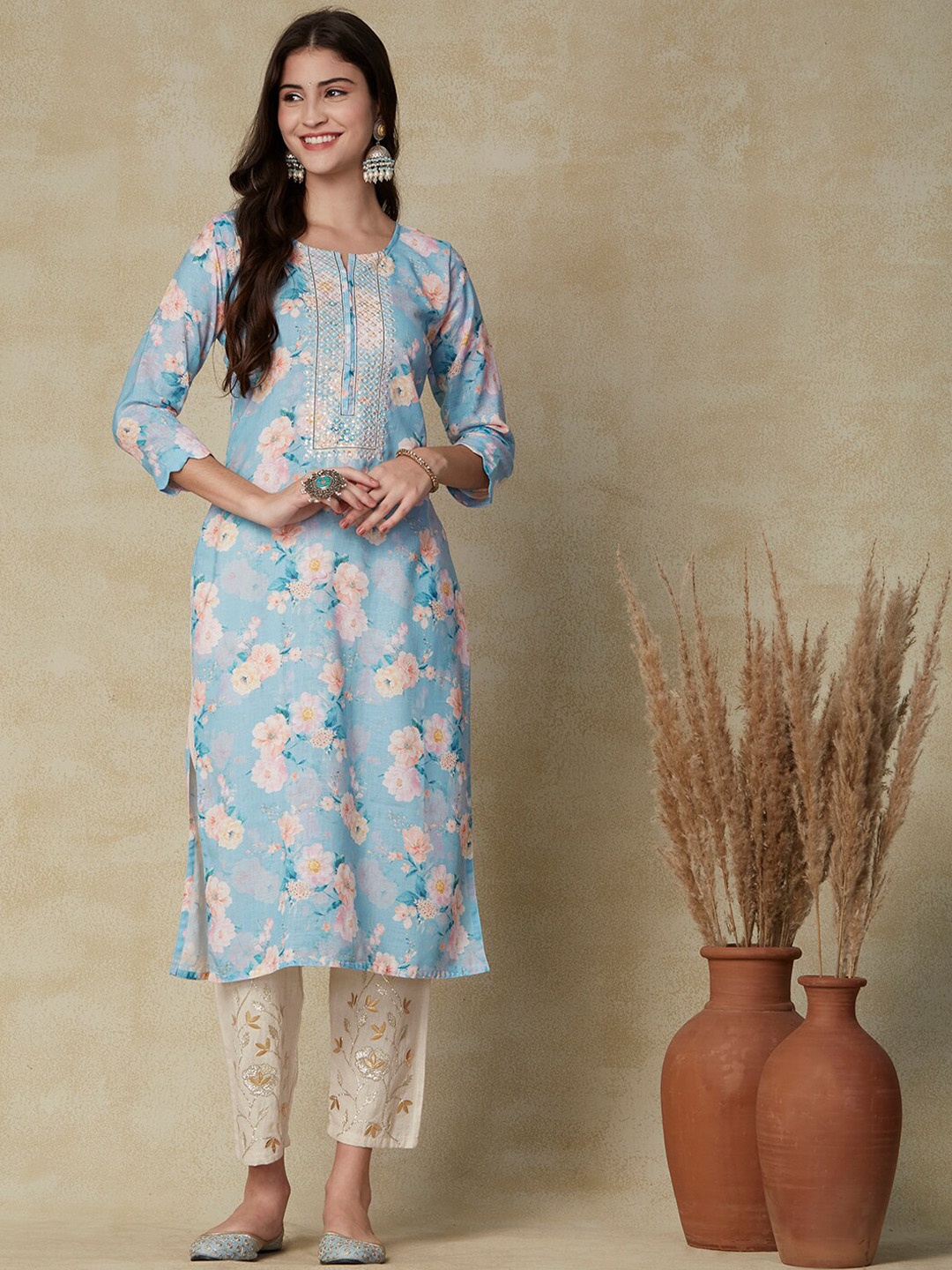 

FASHOR Blue Floral Printed Sequined Kurta