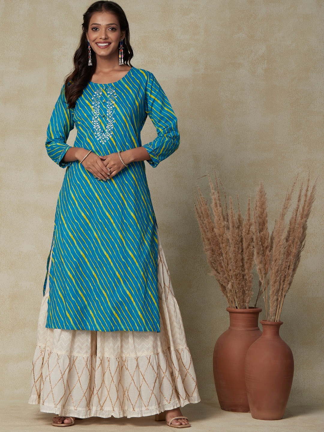 

FASHOR Blue Leheriya Cotton Kurta