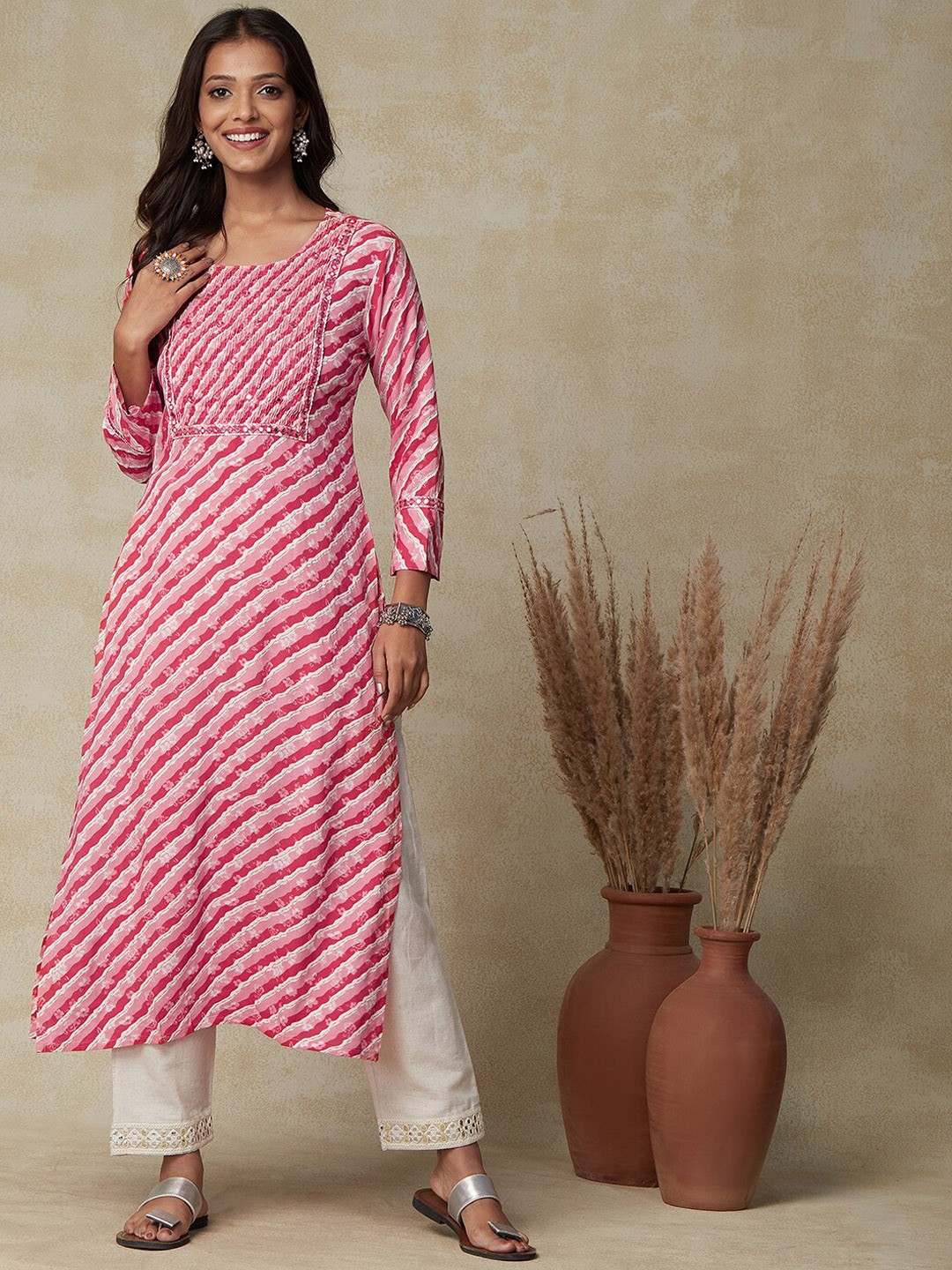 

FASHOR Pink Striped Round Neck Pure Cotton Kurta