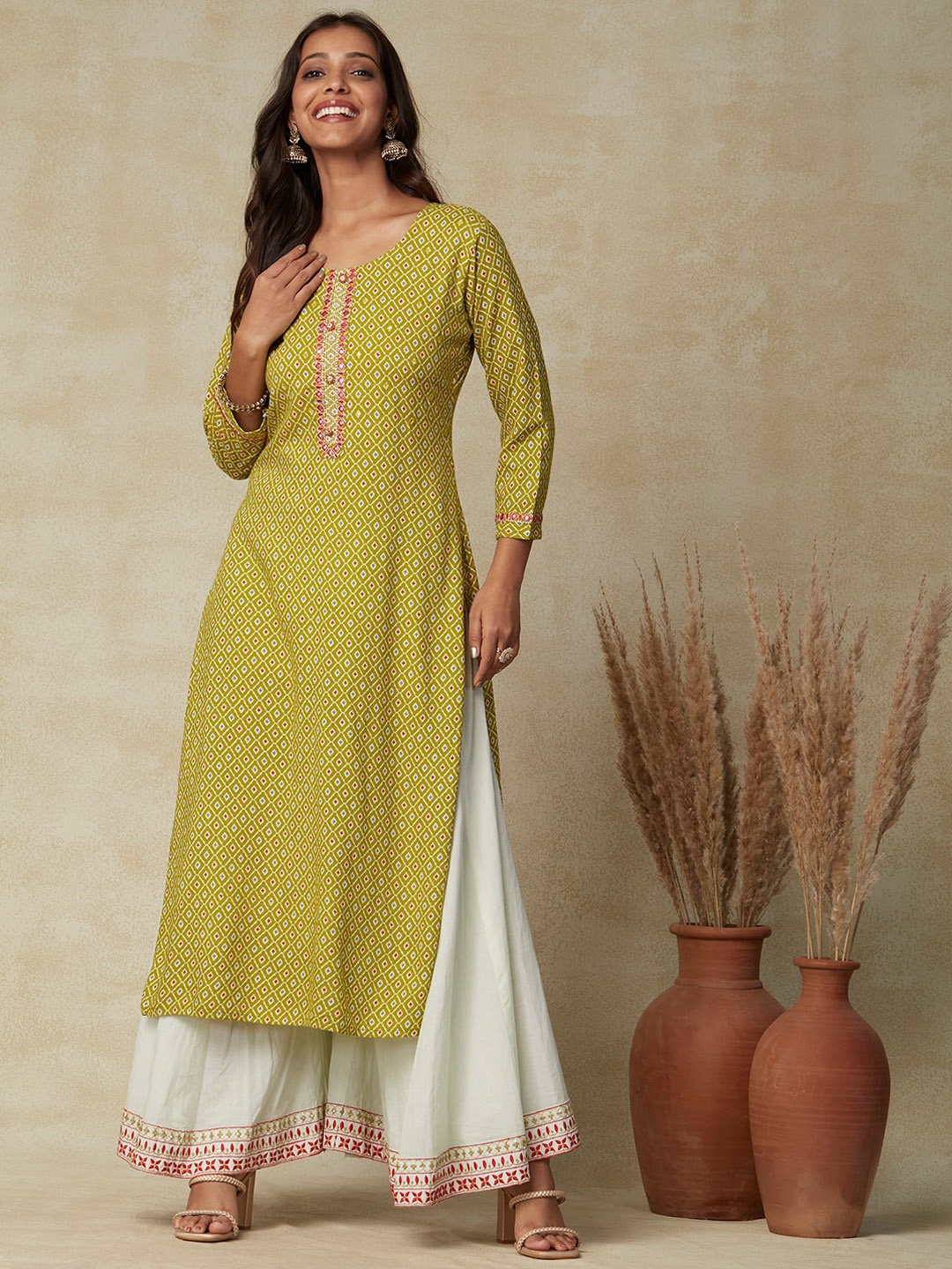 

FASHOR Lime Green Ethnic Motifs Printed Kurta