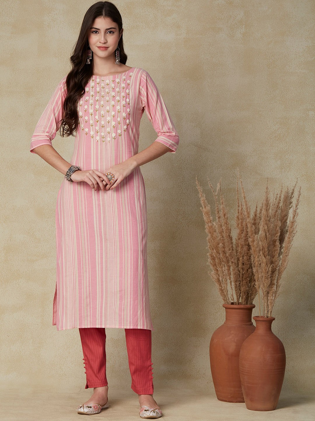 

FASHOR Pink Striped Thread Work Cotton Kurta