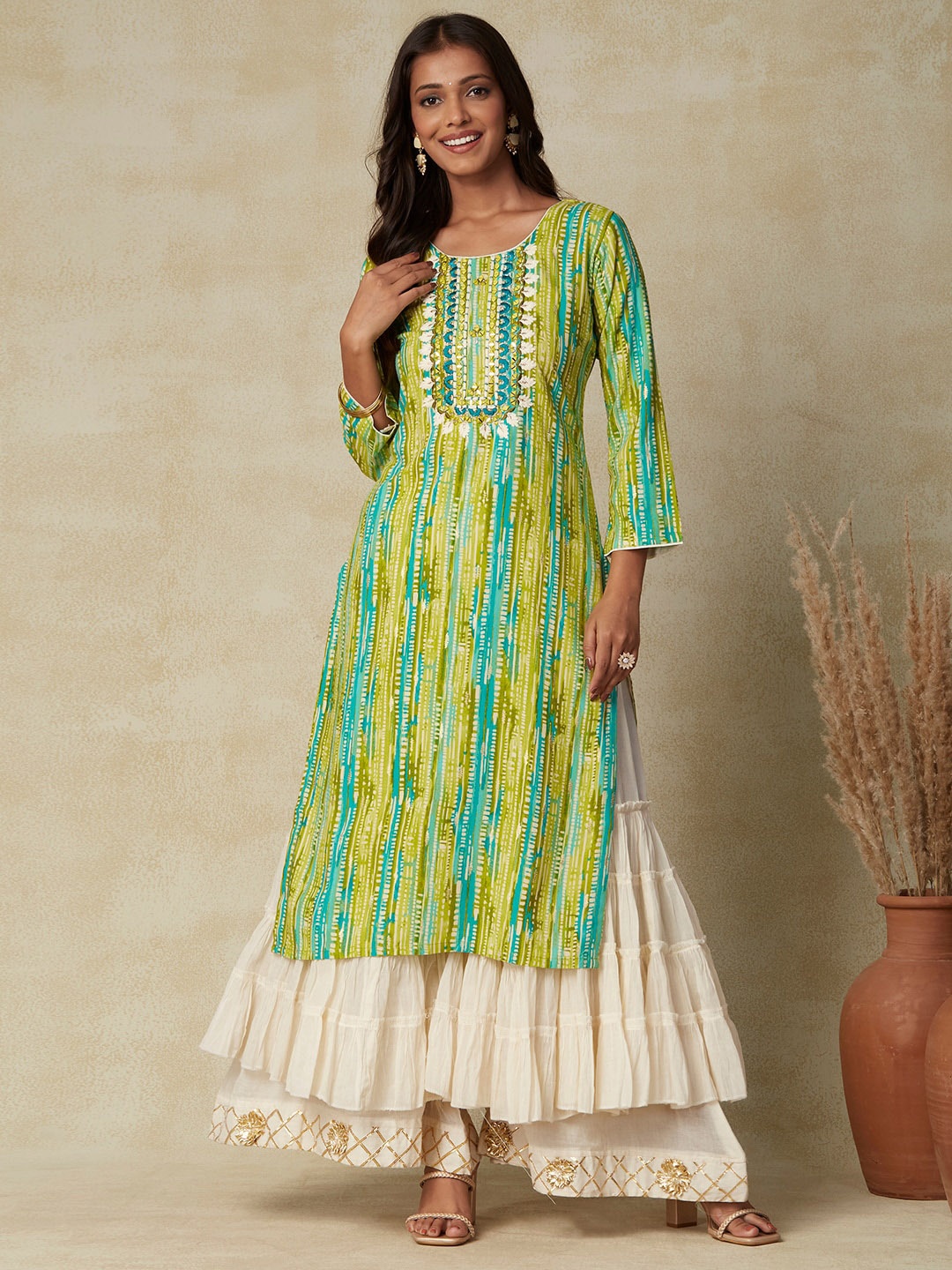 

FASHOR Lime Green Dyed Mirror Work Kurta