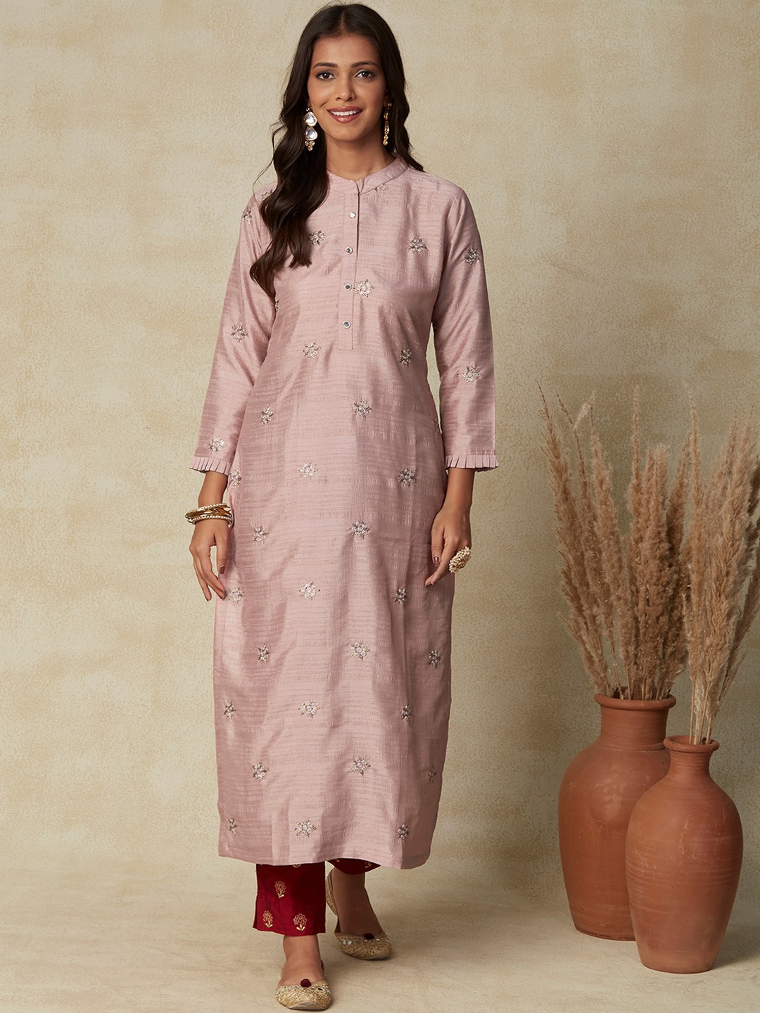 

FASHOR Rose Gold-Toned Embrodiered Band Collar Kurta