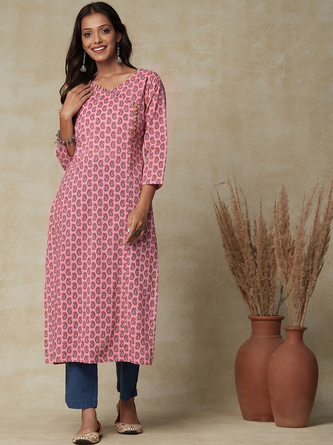 

FASHOR Ethnic Motifs Printed Pure Cotton Kurta, Pink