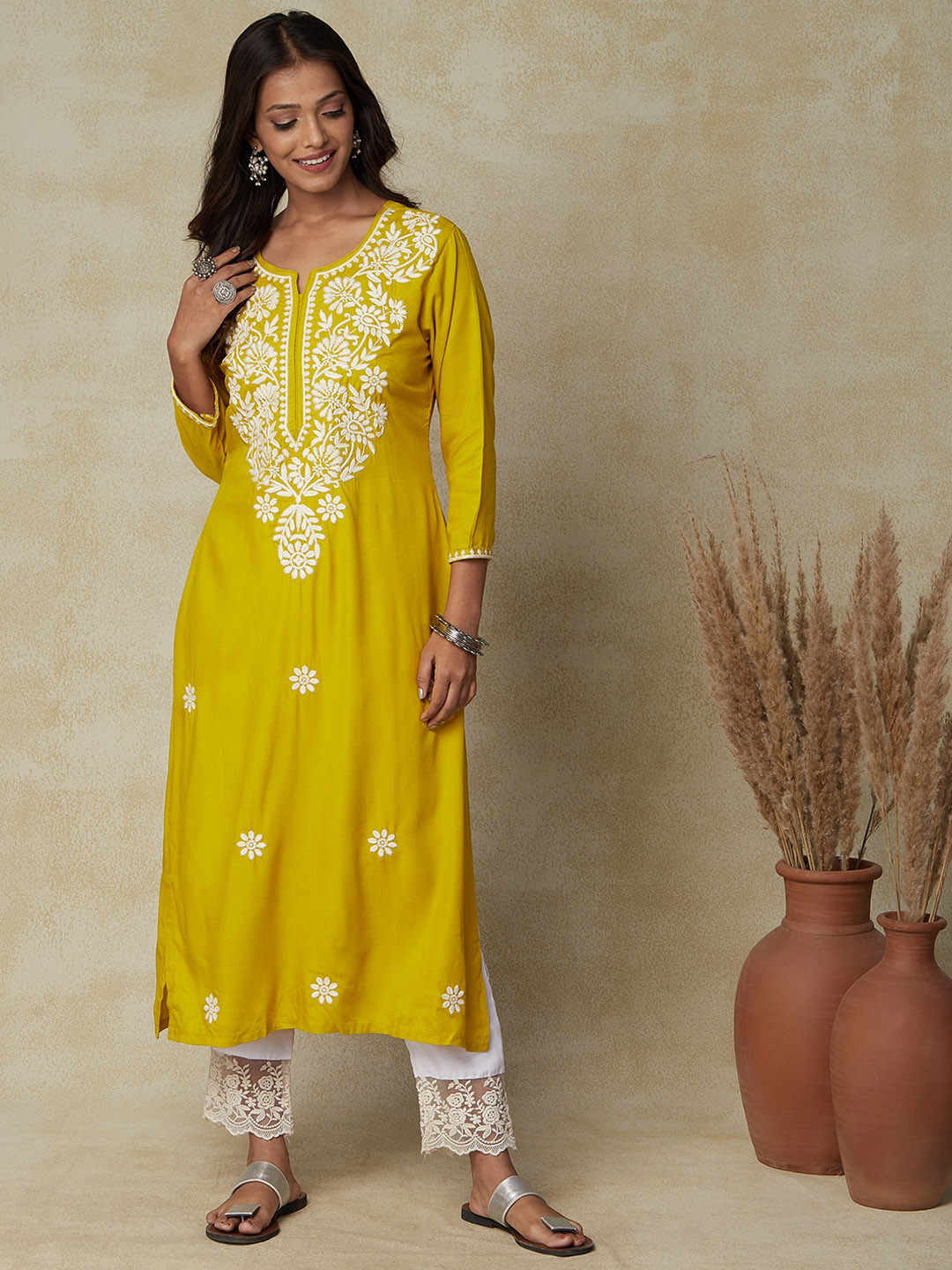 

FASHOR Yellow Floral Embroidered Thread Work Cotton Kurta