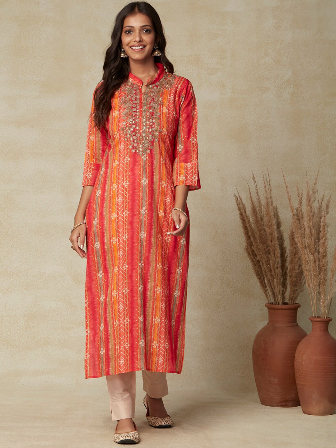 

FASHOR Orange Coloured Bandhani Printed Chanderi Cotton Kurta