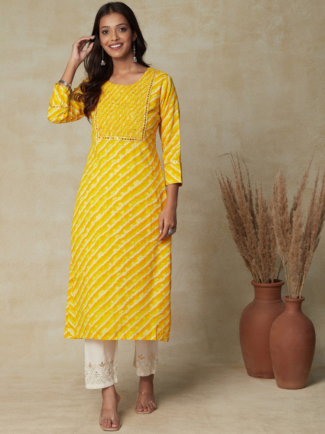 

FASHOR Yellow Leheriya Printed Mirror Work Cotton Kurta