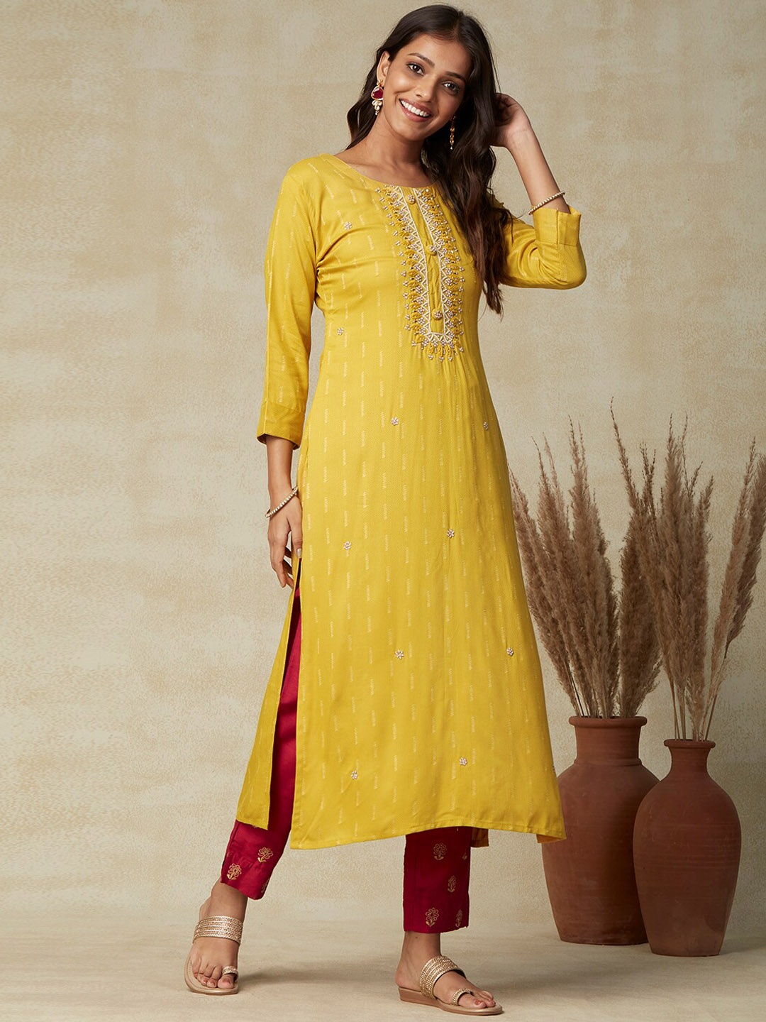 

FASHOR Yellow Woven Design Straight Kurta