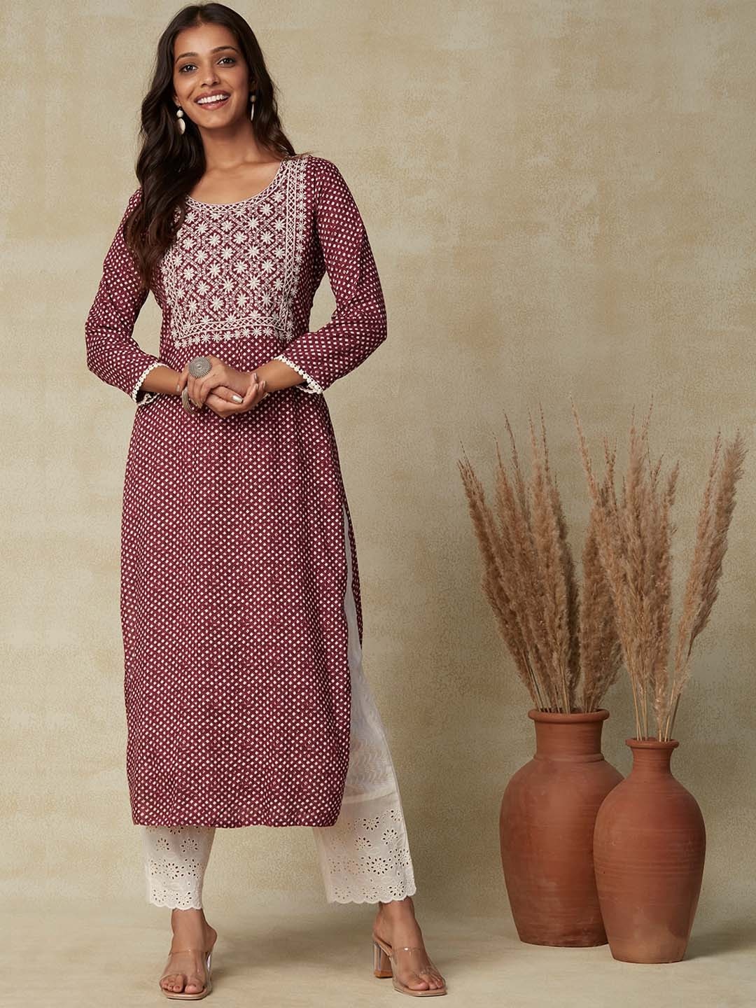 

FASHOR Ethnic Motifs Printed Embroidered Kurta, Mauve