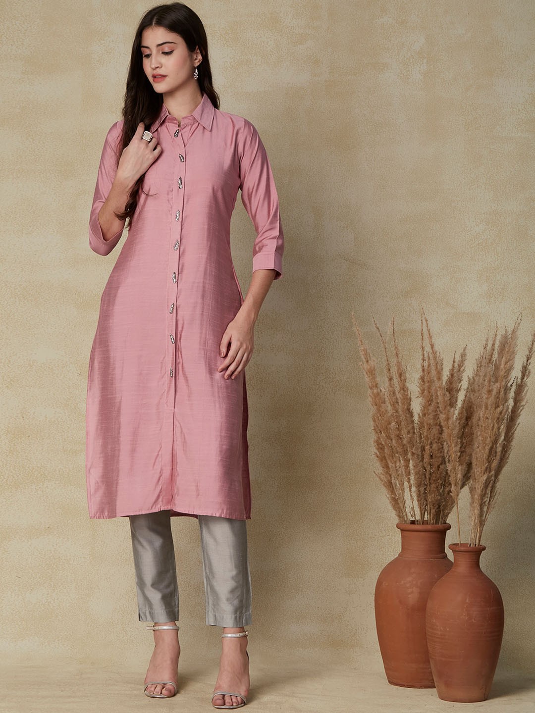 

FASHOR Embroidered Shirt Collar Kurta, Pink