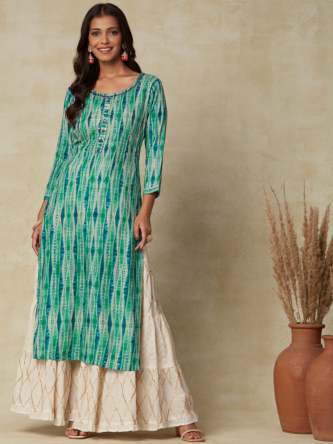 

FASHOR Sea Green Shibori Dyed Sequinned Kurta