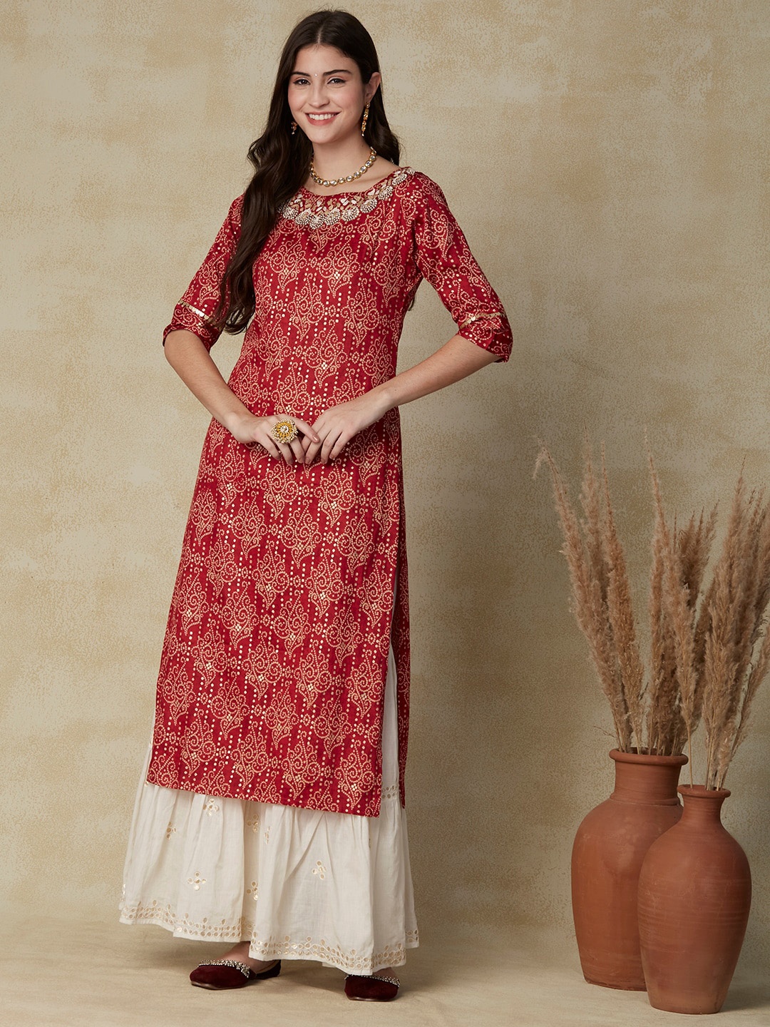 

FASHOR Red & Beige Bandhani Printed Thread Work Kurta