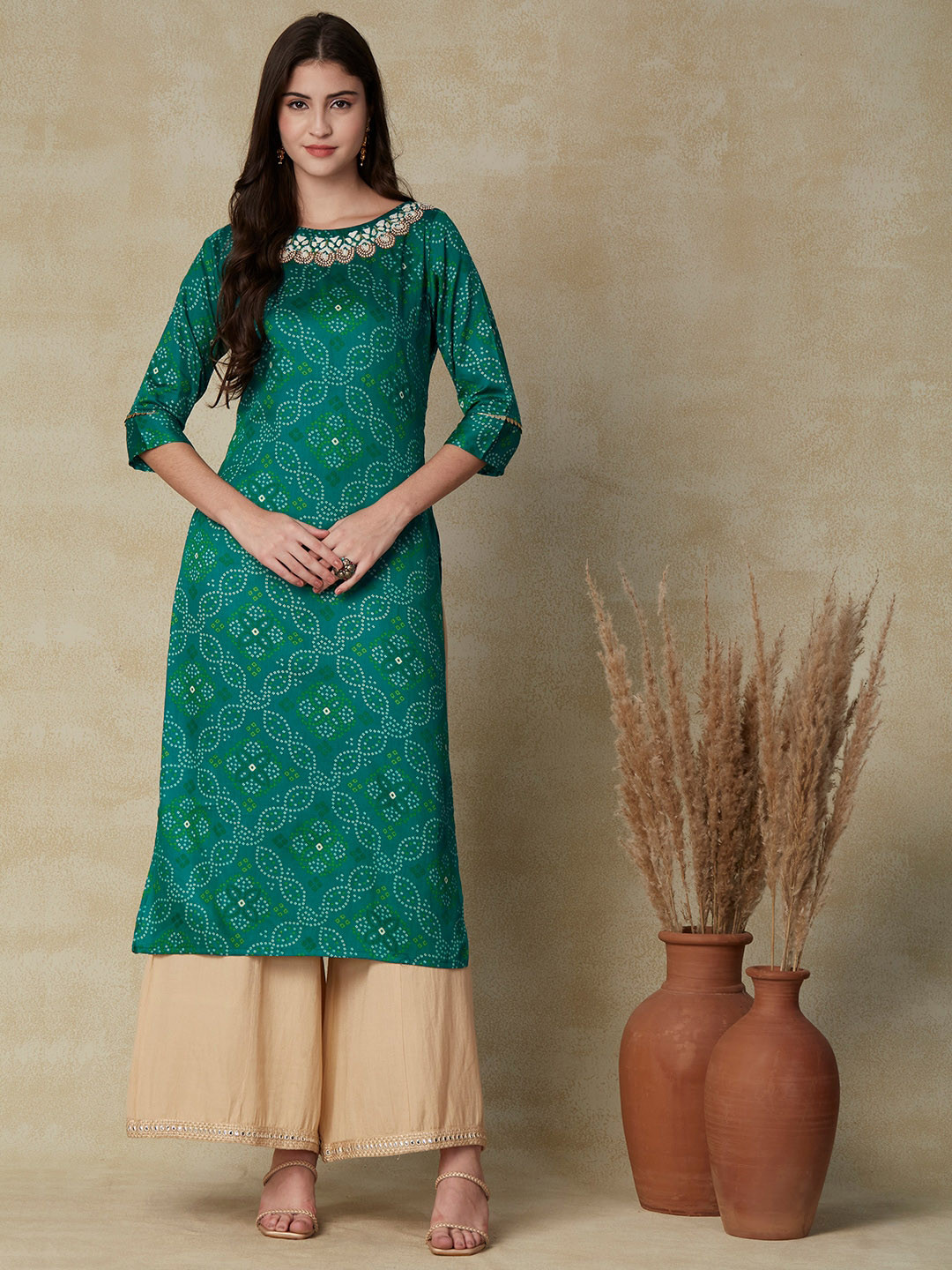 

FASHOR Green Bandhani Printed Thread Work Kurta