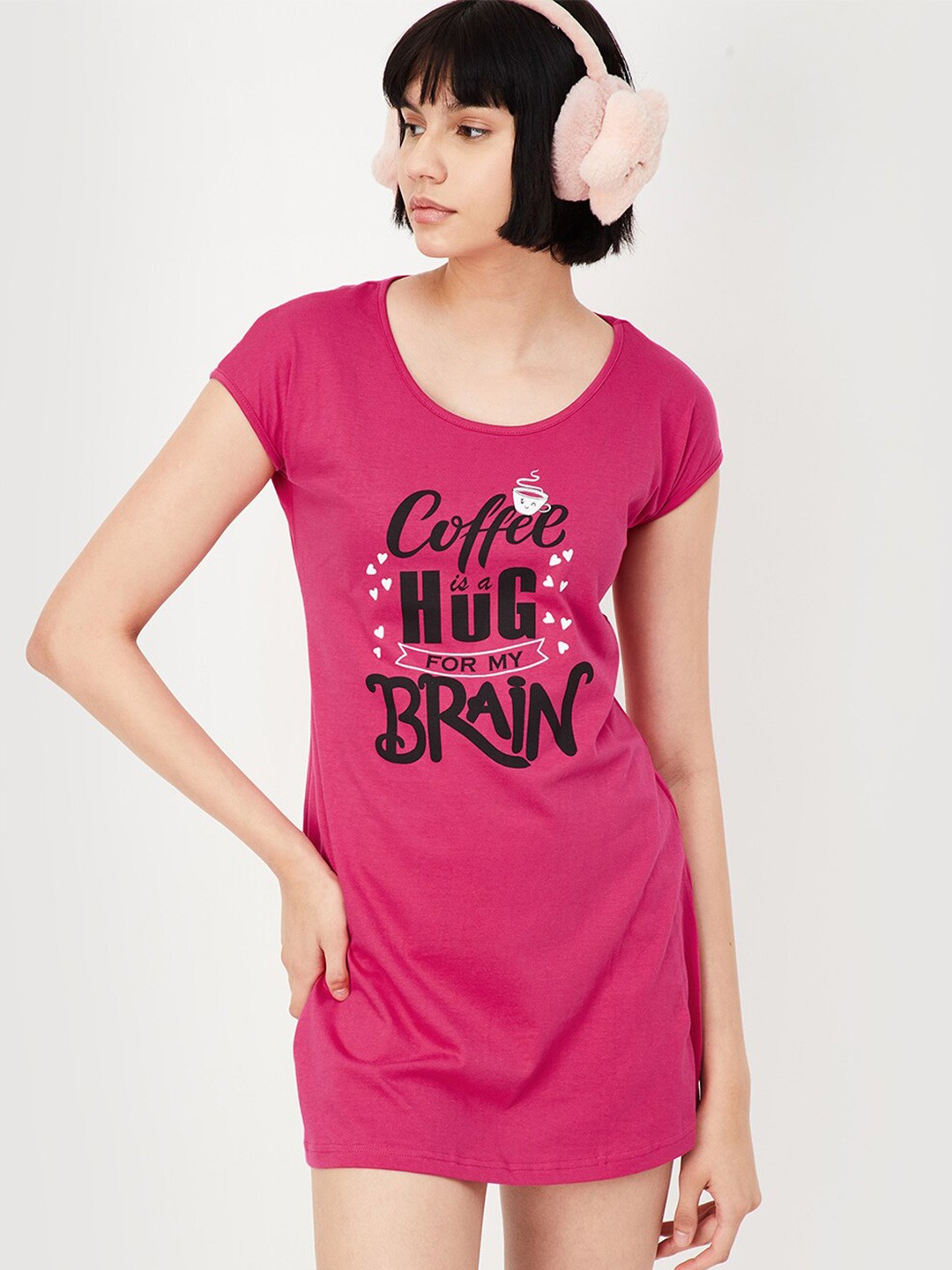 

max Typography Printed Pure Cotton T-shirt Nightdress, Pink