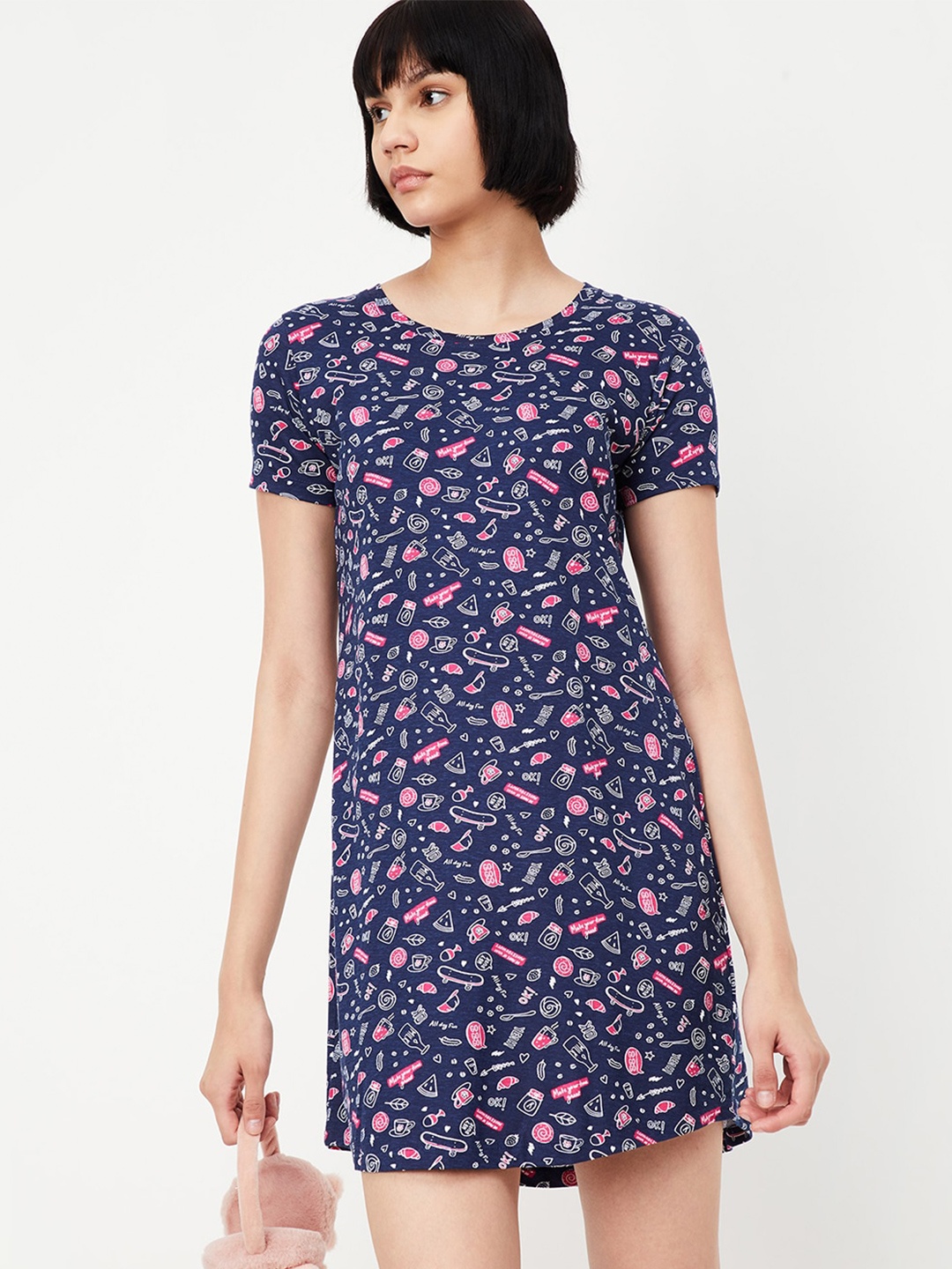 

max Conversational Printed Pure Cotton T-shirt Nightdress, Blue