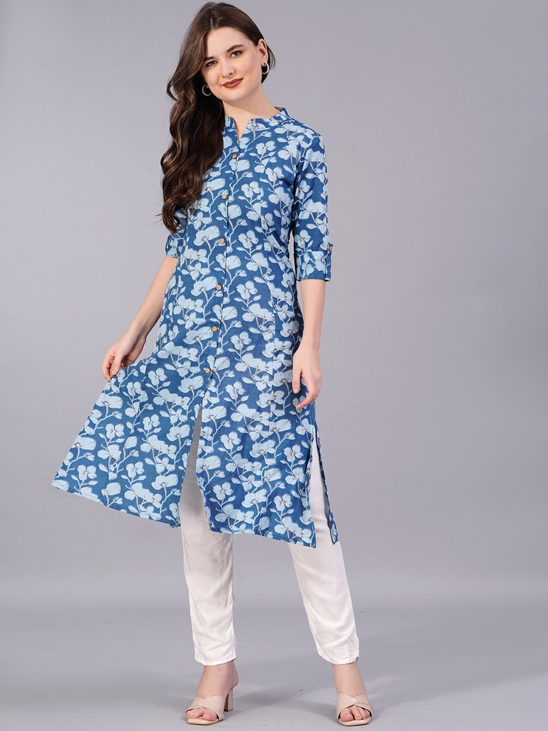 

KASHEEDA Floral Printed Pure Cotton A-Line Kurta, Blue