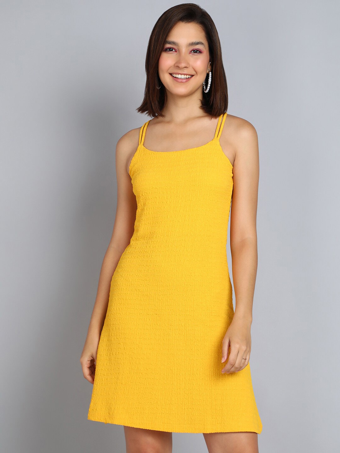 

Mast & Harbour Yellow Self Designed Shoulder Straps A-Line Dress