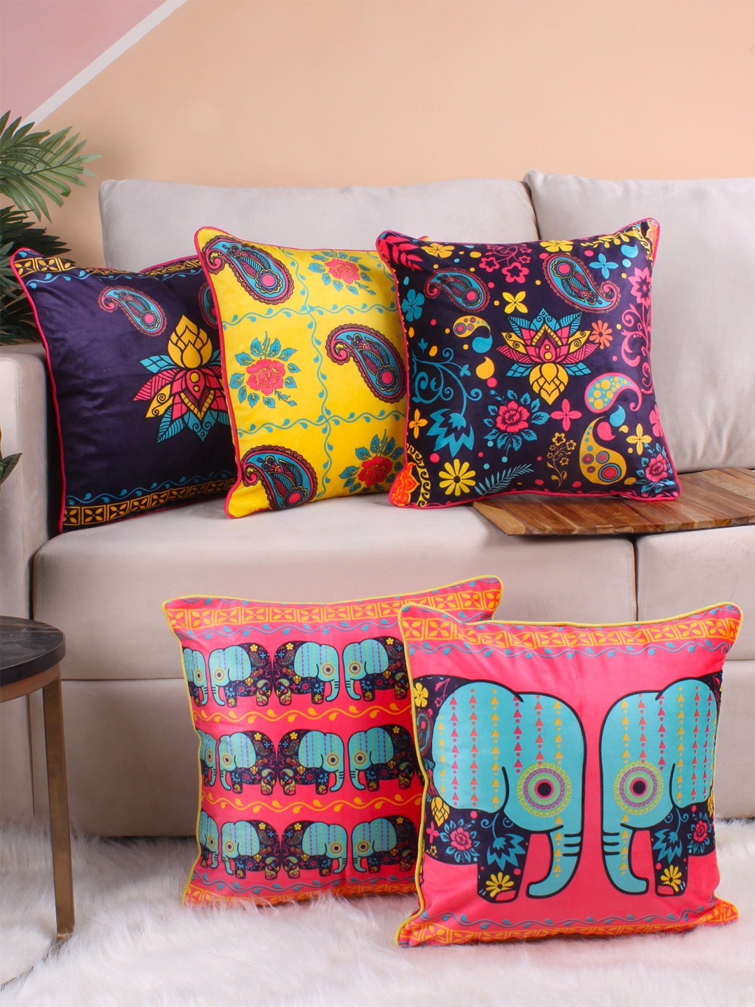 

STITCHNEST Blue & Pink 5 Pieces Ethnic Motifs Printed Velvet Square Cushion Covers