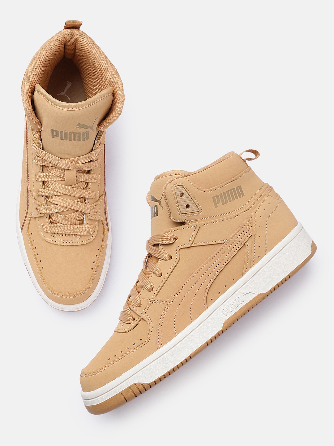 

Puma Unisex Perforations Rebound Joy Buck Leather Mid-Top Sneakers, Camel brown