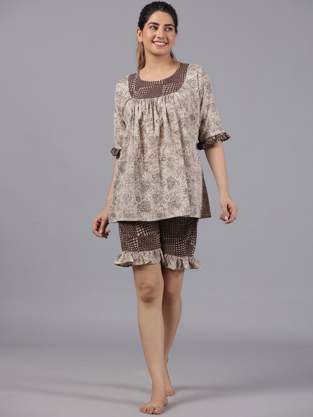 

PARCHHAI Floral Printed Pure Cotton Night Suit, Brown
