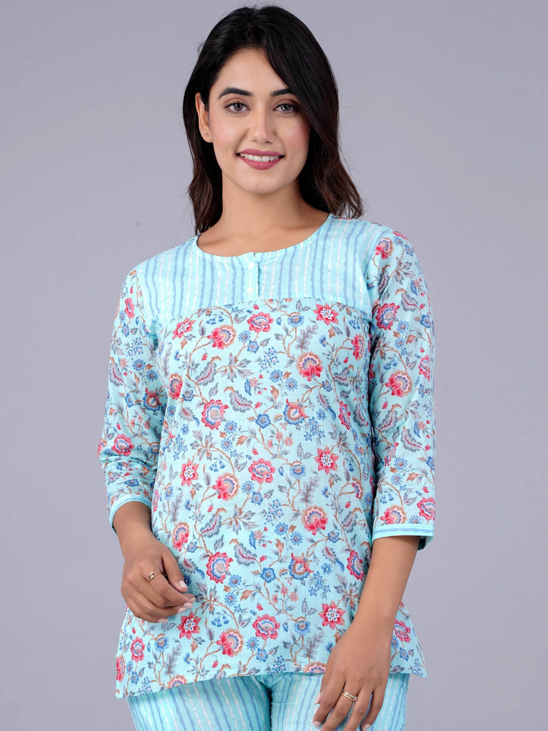 

PARCHHAI Floral Printed Pure Cotton Night Suit, Blue