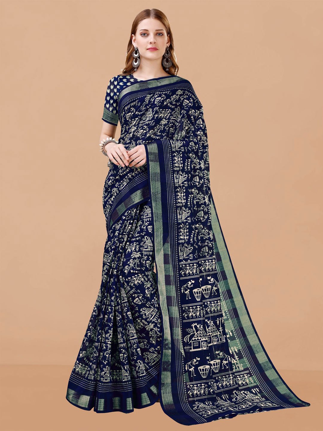 

Dori Warli Printed Zari Pure Cotton Saree, Navy blue