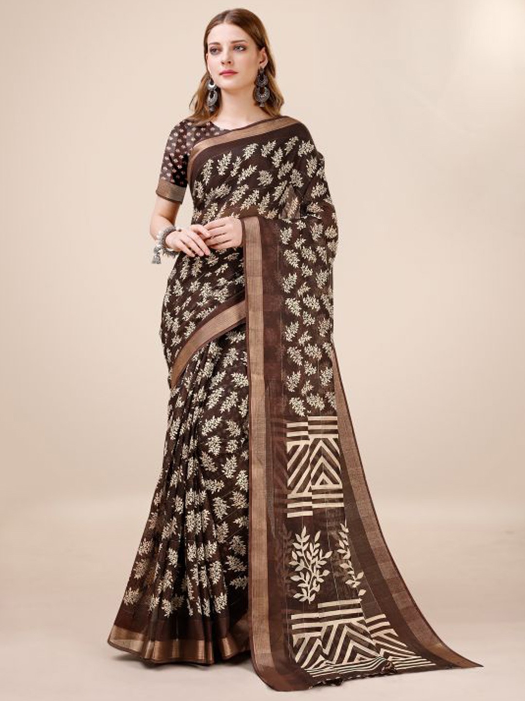 

Dori Ethnic Motifs Printed Zari Pure Cotton Saree, Brown