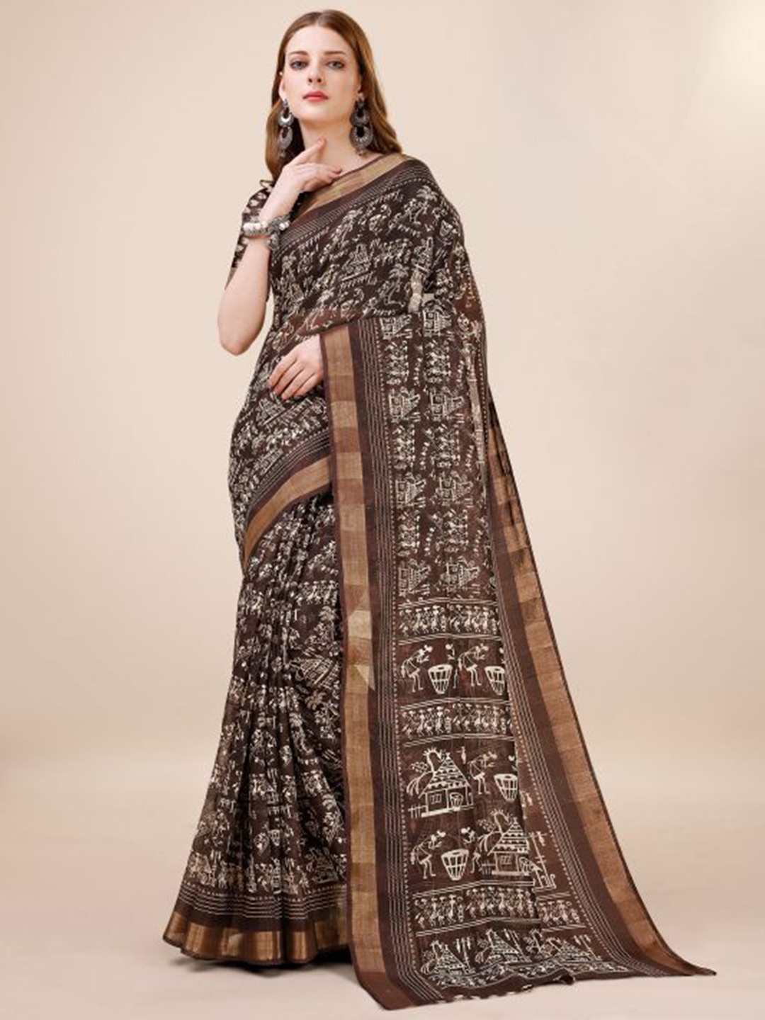 

Dori Warli Printed Zari Pure Cotton Saree, Brown