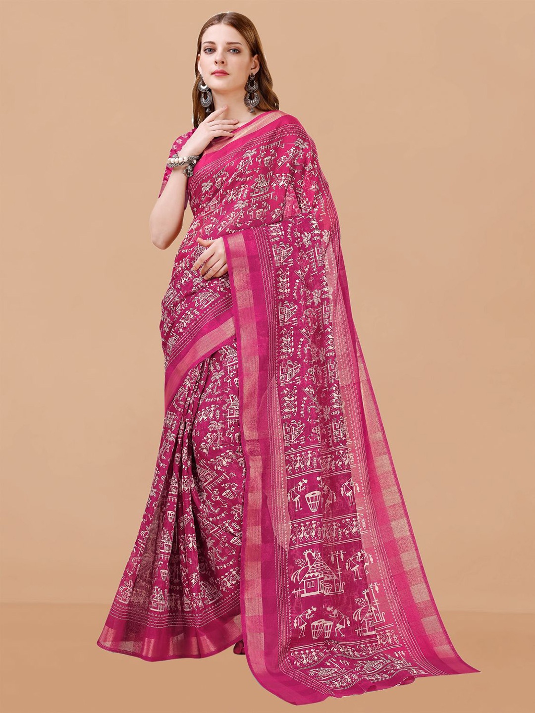 

Dori Warli Printed Zari Pure Cotton Saree, Pink