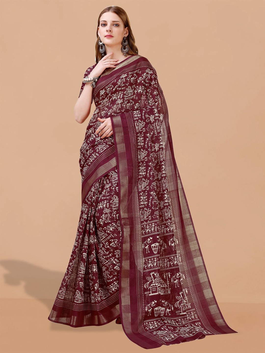 

Dori Ethnic Motifs Printed Zari Pure Cotton Saree, Purple