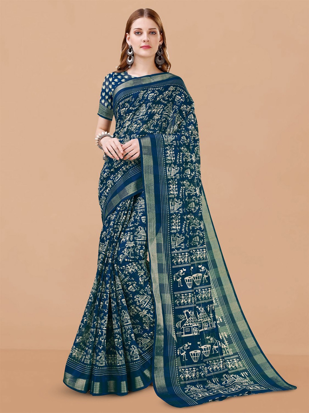 

Dori Warli Printed Zari Pure Cotton Saree, Blue