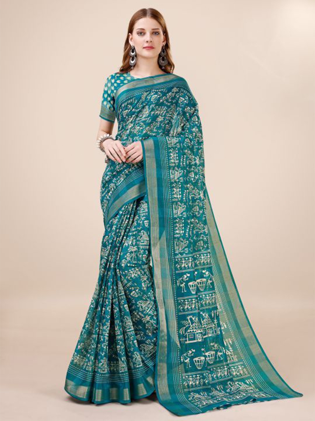 

Dori Warli Printed Zari Pure Cotton Saree, Turquoise blue