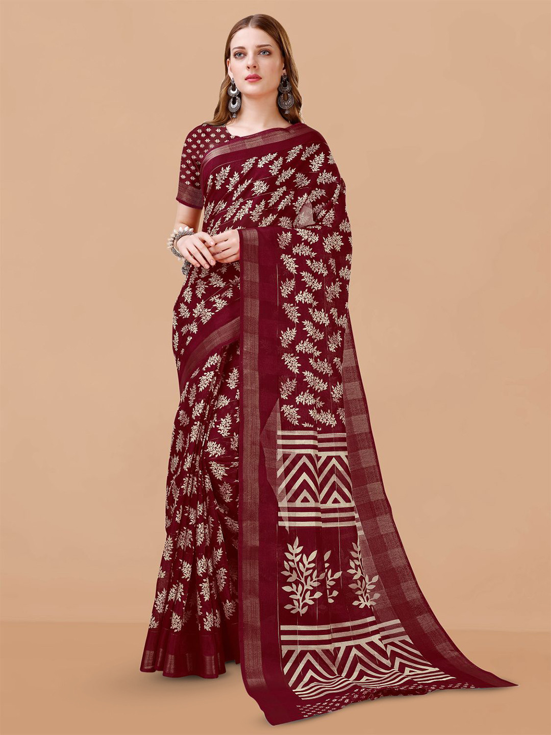 

Dori Floral Printed Zari Pure Cotton Saree, Maroon