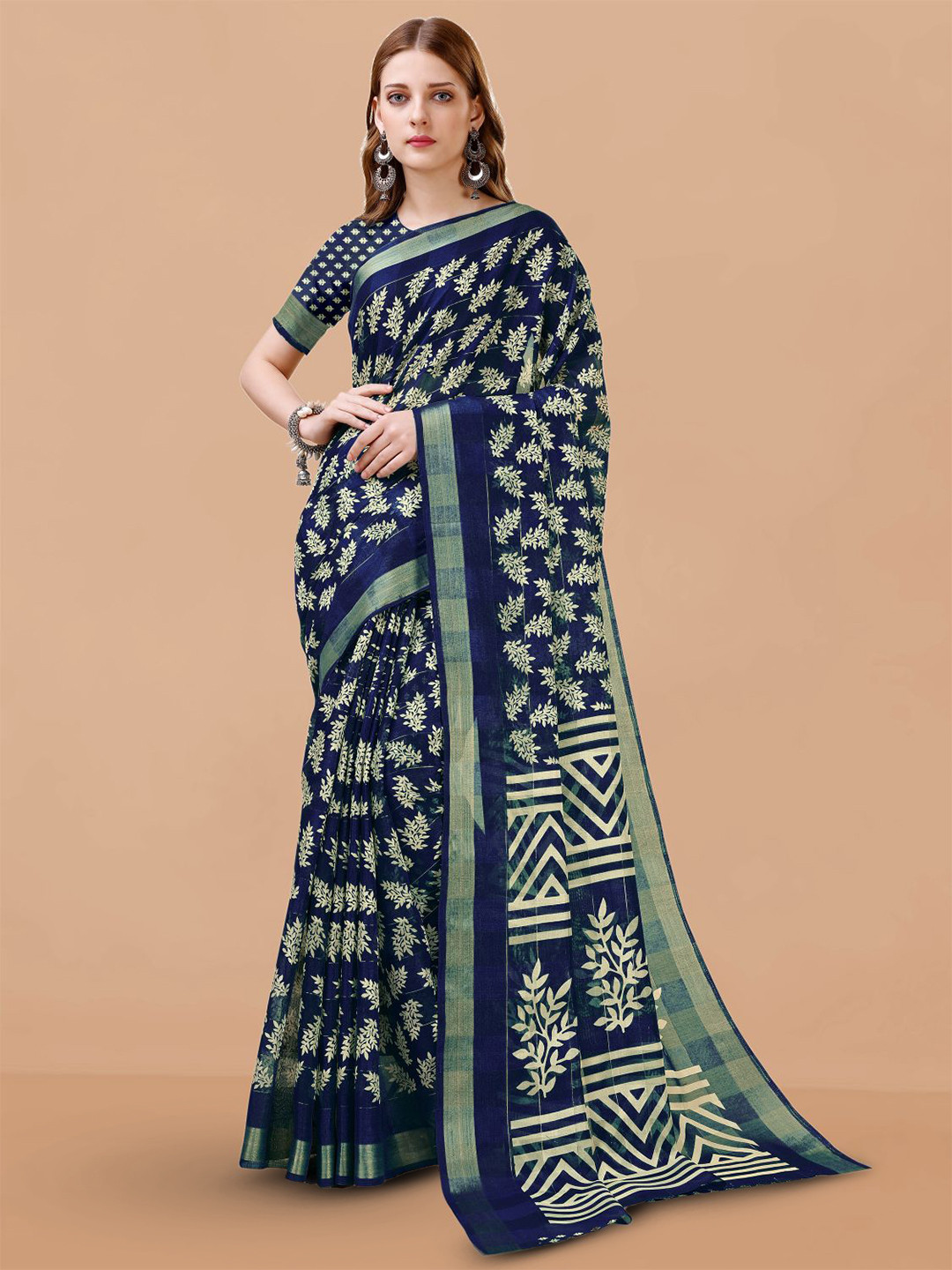 

Dori Floral Printed Zari Pure Cotton Saree, Navy blue