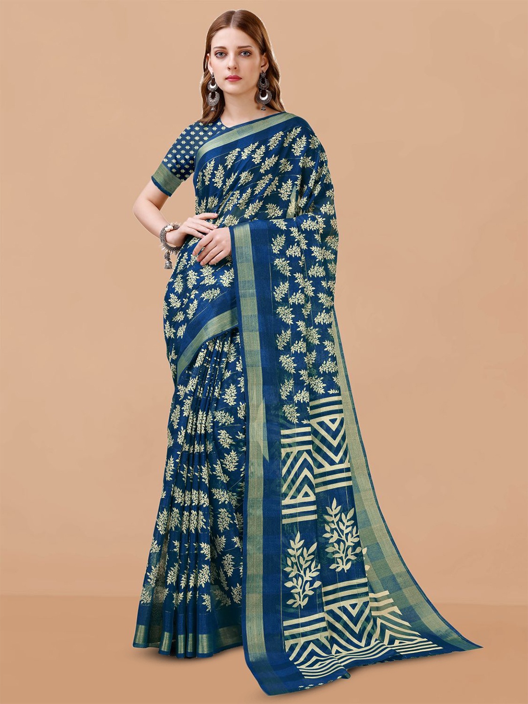 

Dori Floral Printed Zari Pure Cotton Saree, Blue