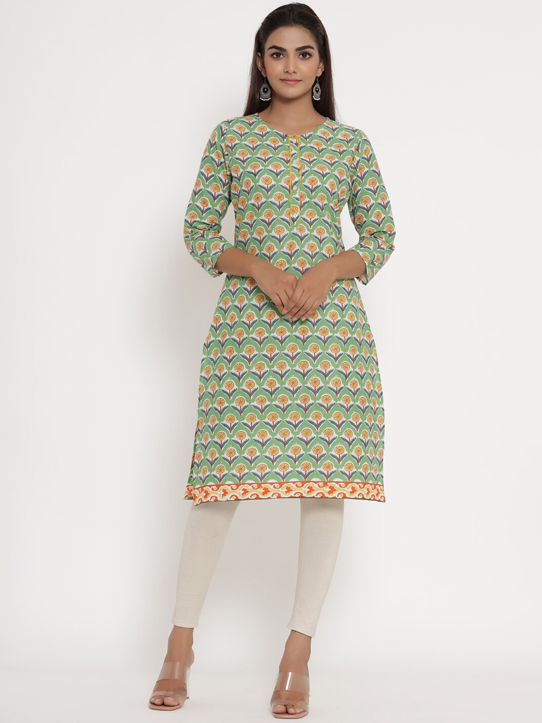 

Sangria Floral Printed Cotton Straight Kurta, Green