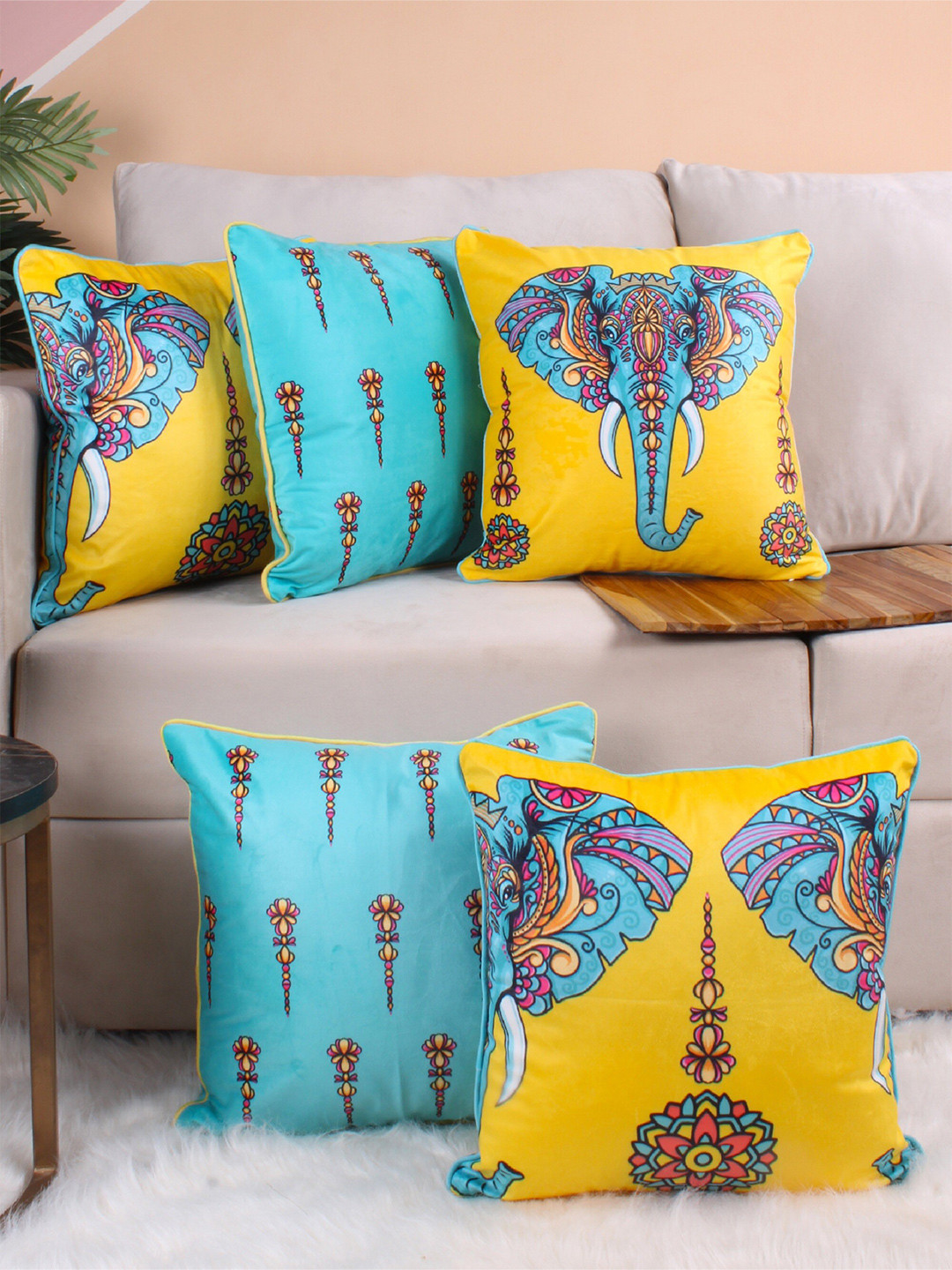 

STITCHNEST Yellow & Blue 5 Pieces Ethnic Motifs Printed Velvet Square Cushion Covers