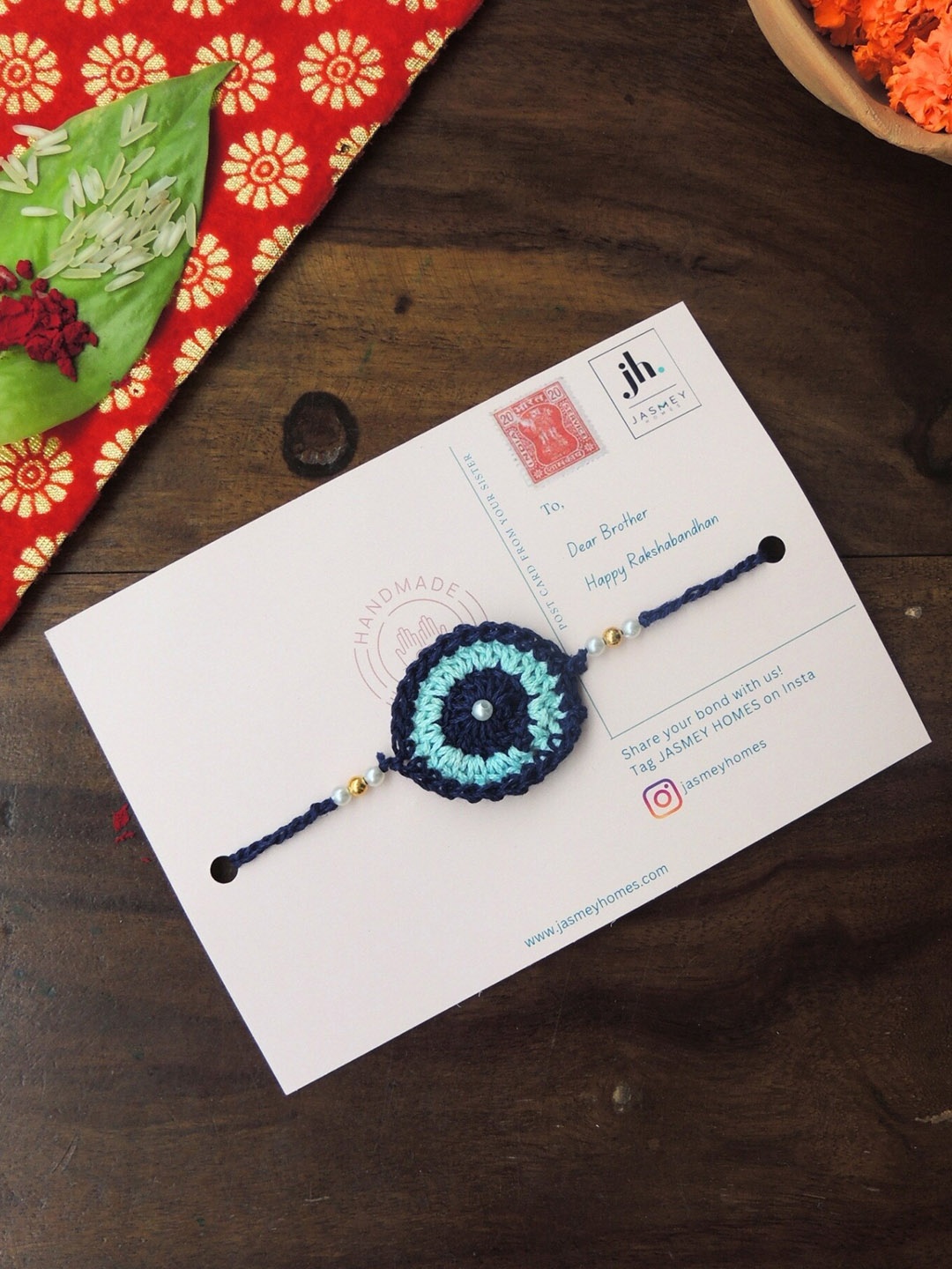 

JASMEY HOMES Set Of 2 Crochet Detail & Pearl Beaded Evil Eye Charm Rakhi, Blue
