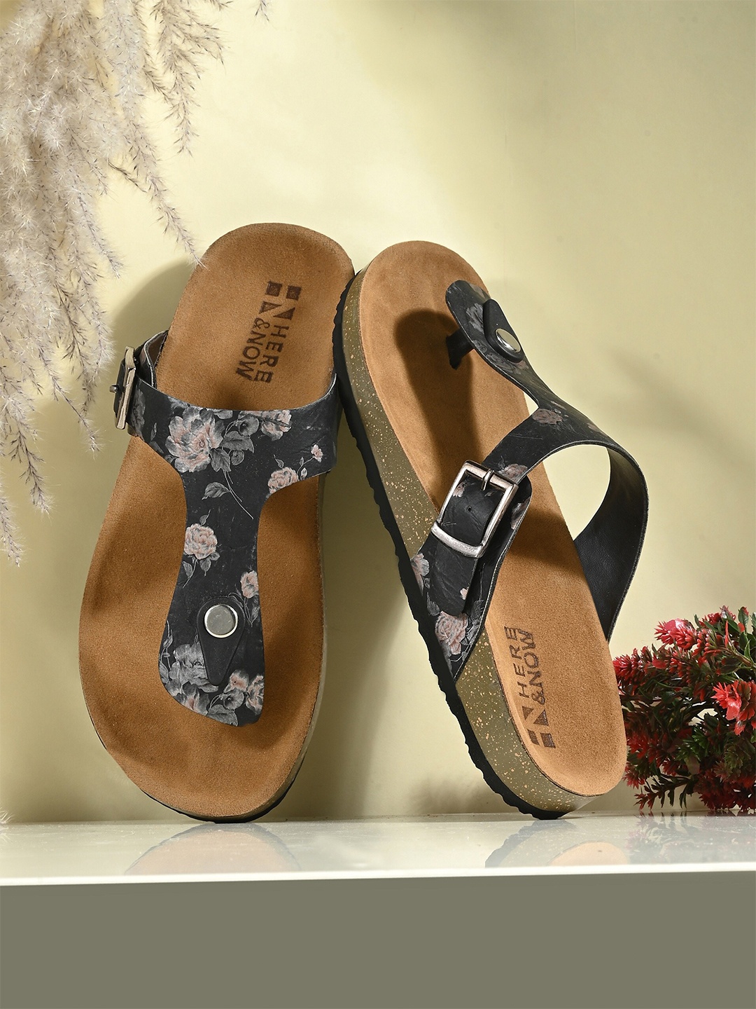 

HERE&NOW Black & Brown Printed Open Toe Flats