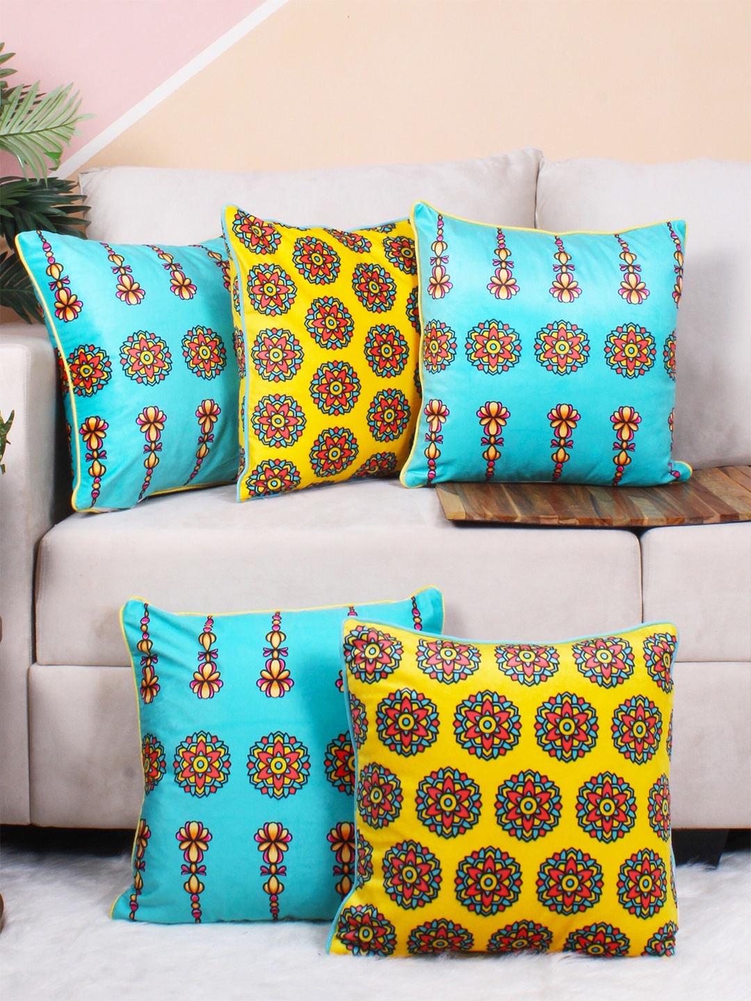 

STITCHNEST 5 Pcs Yellow & Blue Ethnic Motifs Velvet Square Cushion Covers