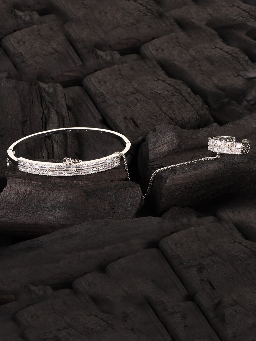 

JEWELS GEHNA Women Silver-Plated American Diamond Ring Bracelet