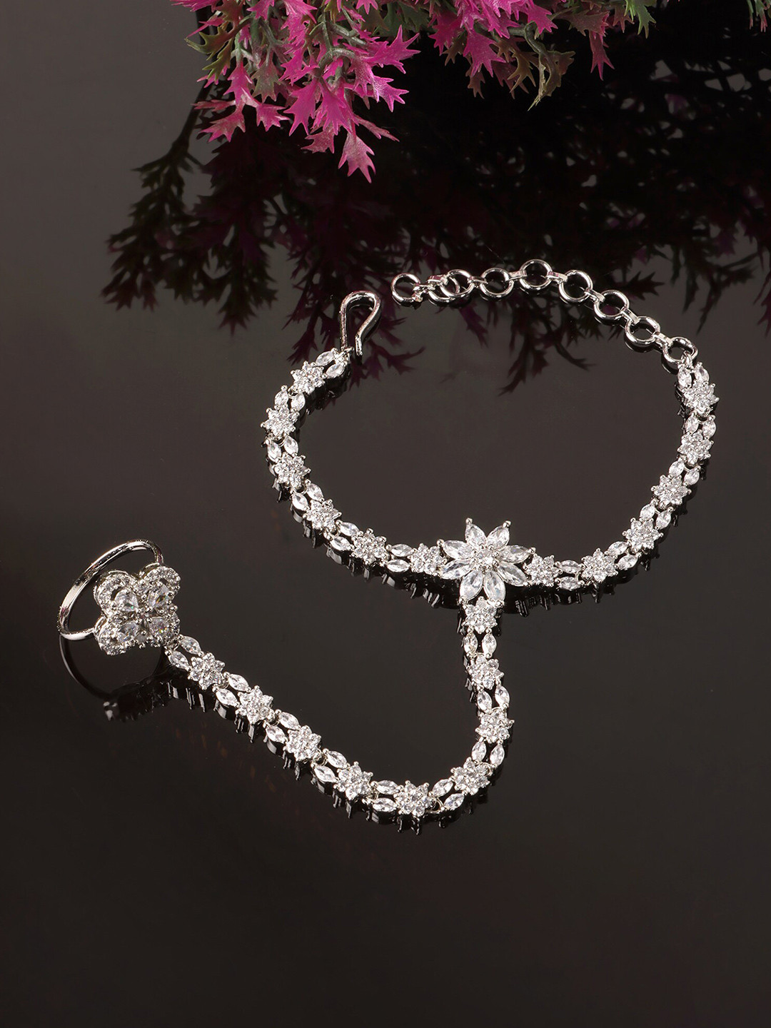 

JEWELS GEHNA Women Silver-Plated American Diamond Ring Bracelet