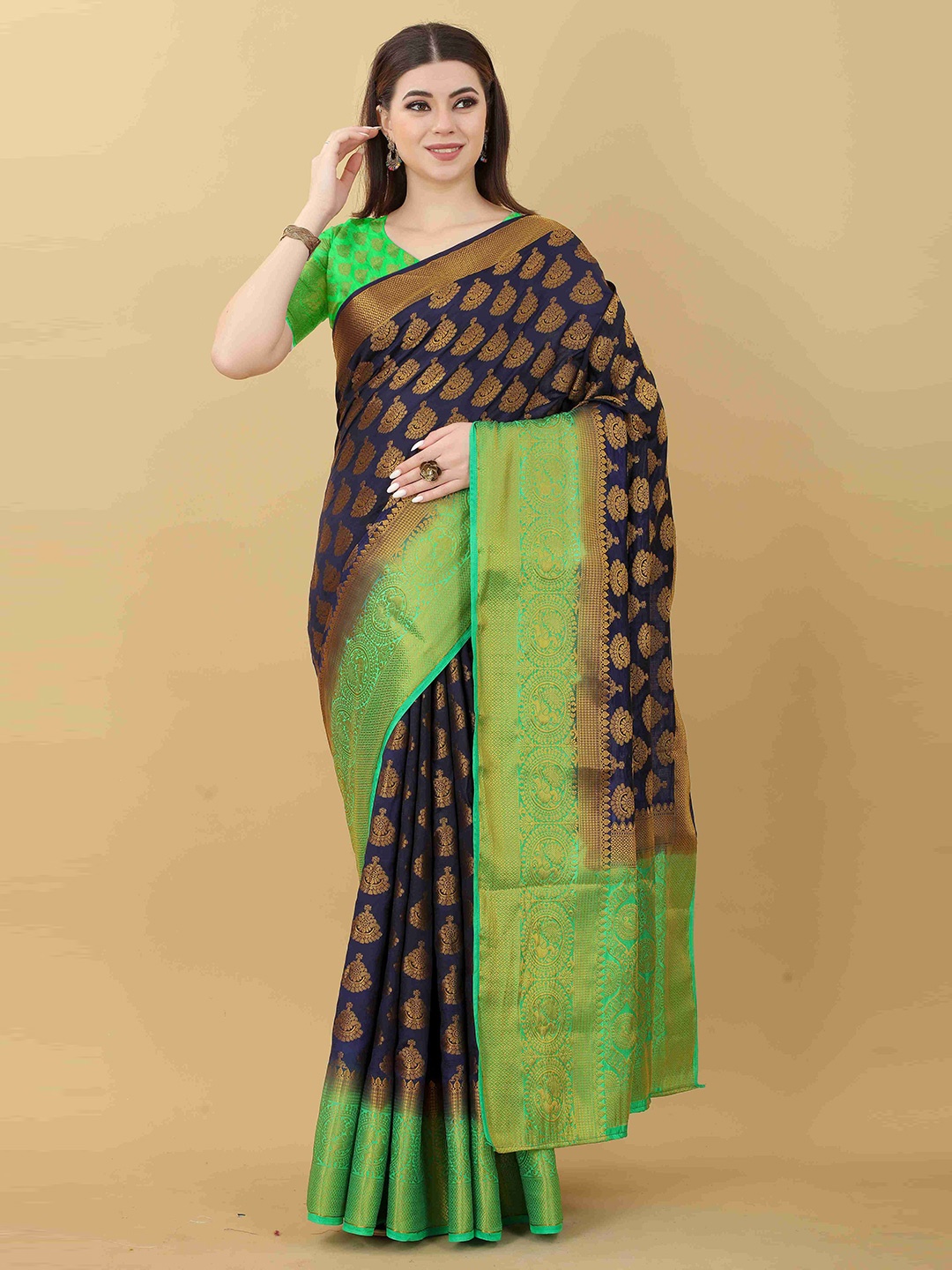 

DIVASTRI Ethnic Motifs Woven Design Zari Art Silk Banarasi Saree, Navy blue