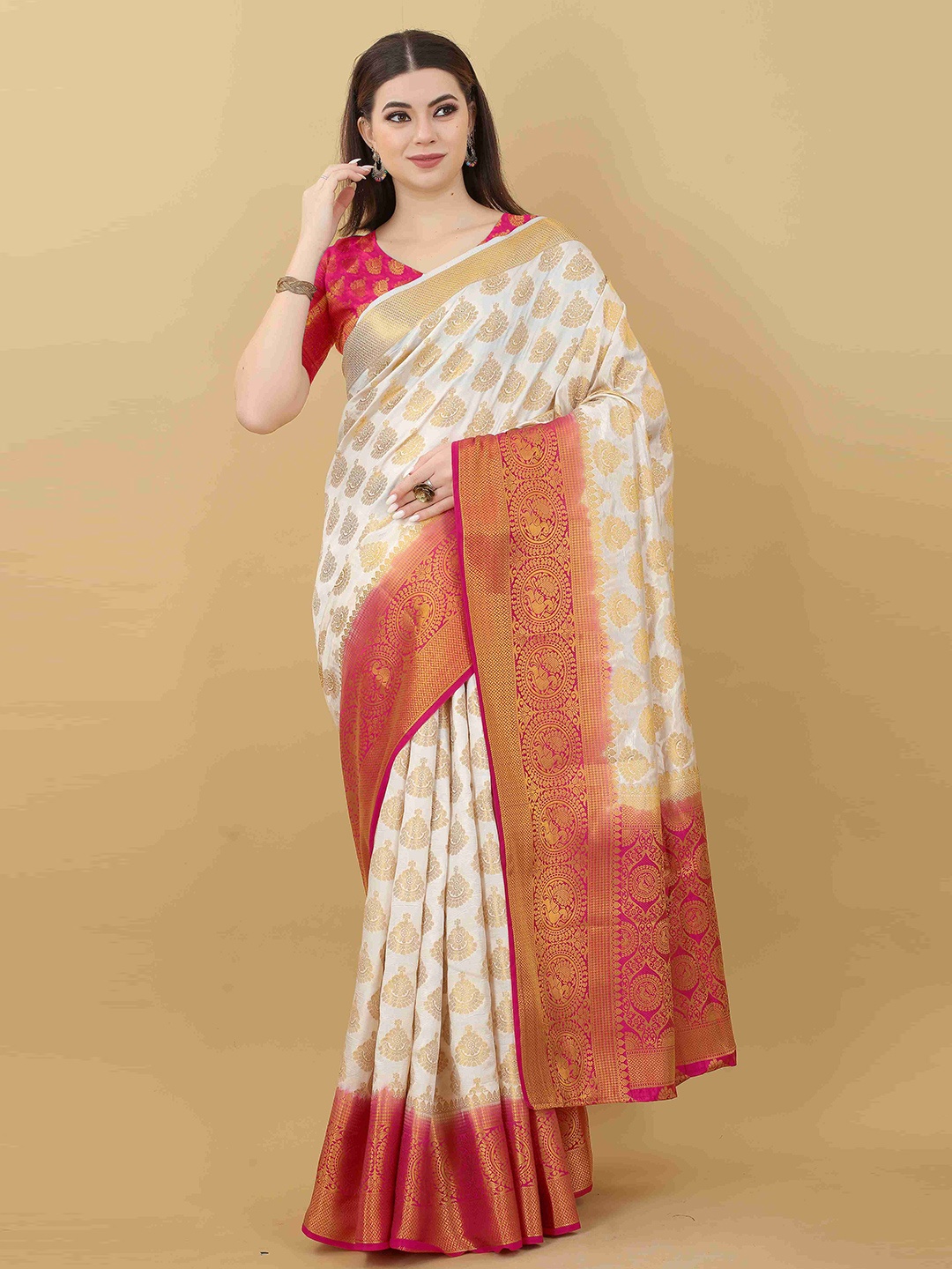 

DIVASTRI Ethnic Motifs Woven Design Zari Art Silk Banarasi Saree, White