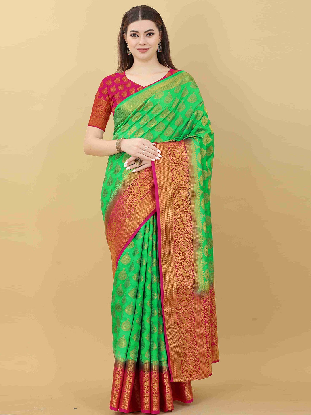 

DIVASTRI Ethnic Motifs Woven Design Zari Art Silk Banarasi Saree, Lime green