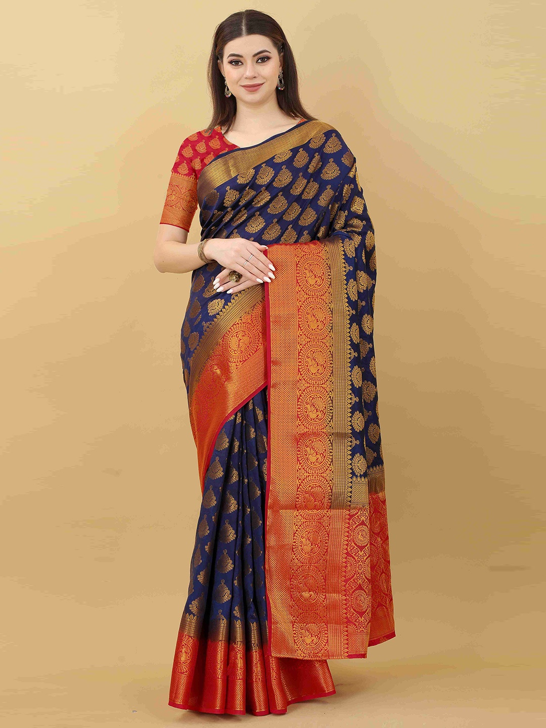 

DIVASTRI Ethnic Motifs Woven Design Zari Art Silk Banarasi Saree, Navy blue