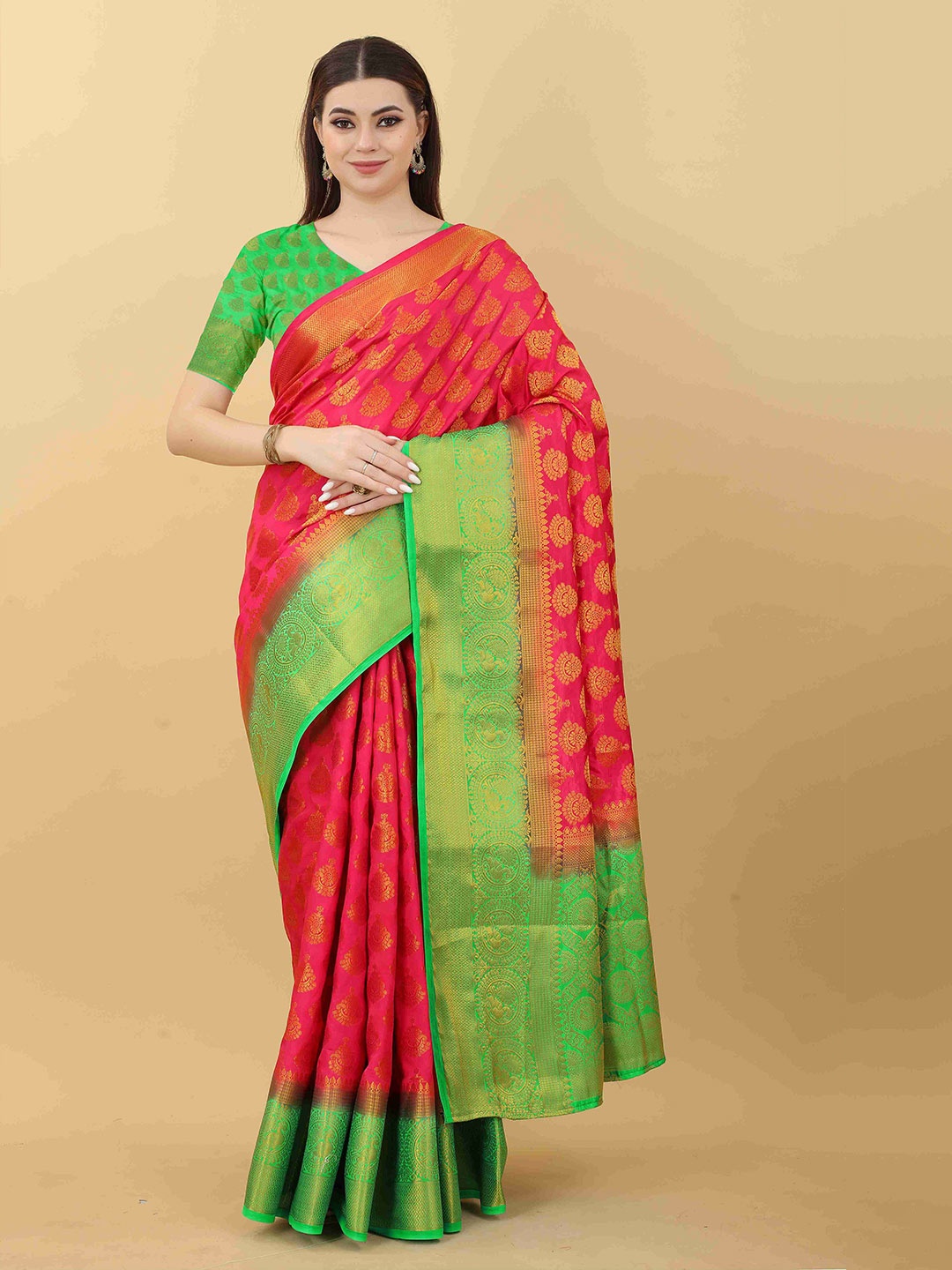 

DIVASTRI Ethnic Motifs Woven Design Zari Banarasi Saree, Pink