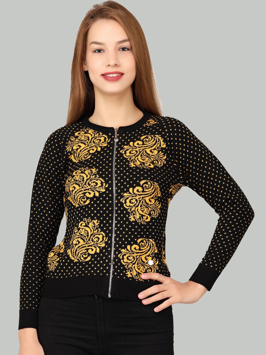 

LA-VITA Ethnic Motifs Printed Woollen Cardigan, Black