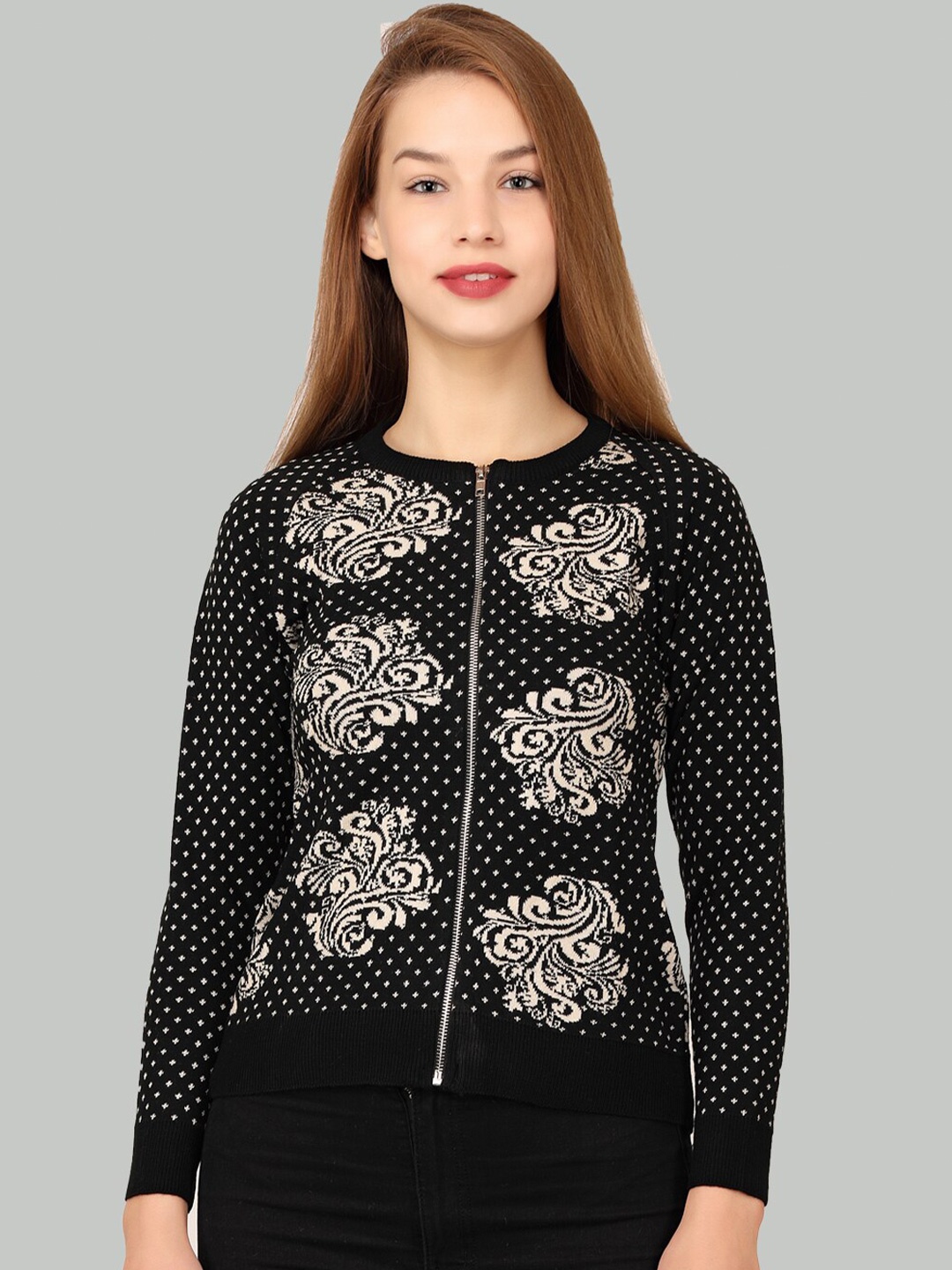 

LA-VITA Ethnic Motifs Printed Woollen Cardigan, Black